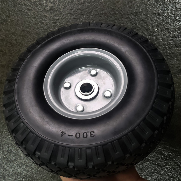 10 inch 3.00-4 polyurethane pu foam flat free solid rubber tire wheel with 12/16/20/25mm bearings all terrain