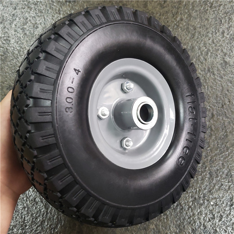 10 inch 3.00-4 polyurethane pu foam flat free solid rubber tire wheel with 12/16/20/25mm bearings all terrain