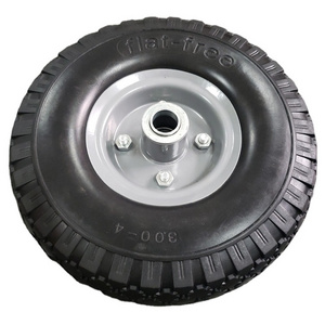 10 inch 3.00-4 polyurethane pu foam flat free solid rubber tire wheel with 12/16/20/25mm bearings all terrain