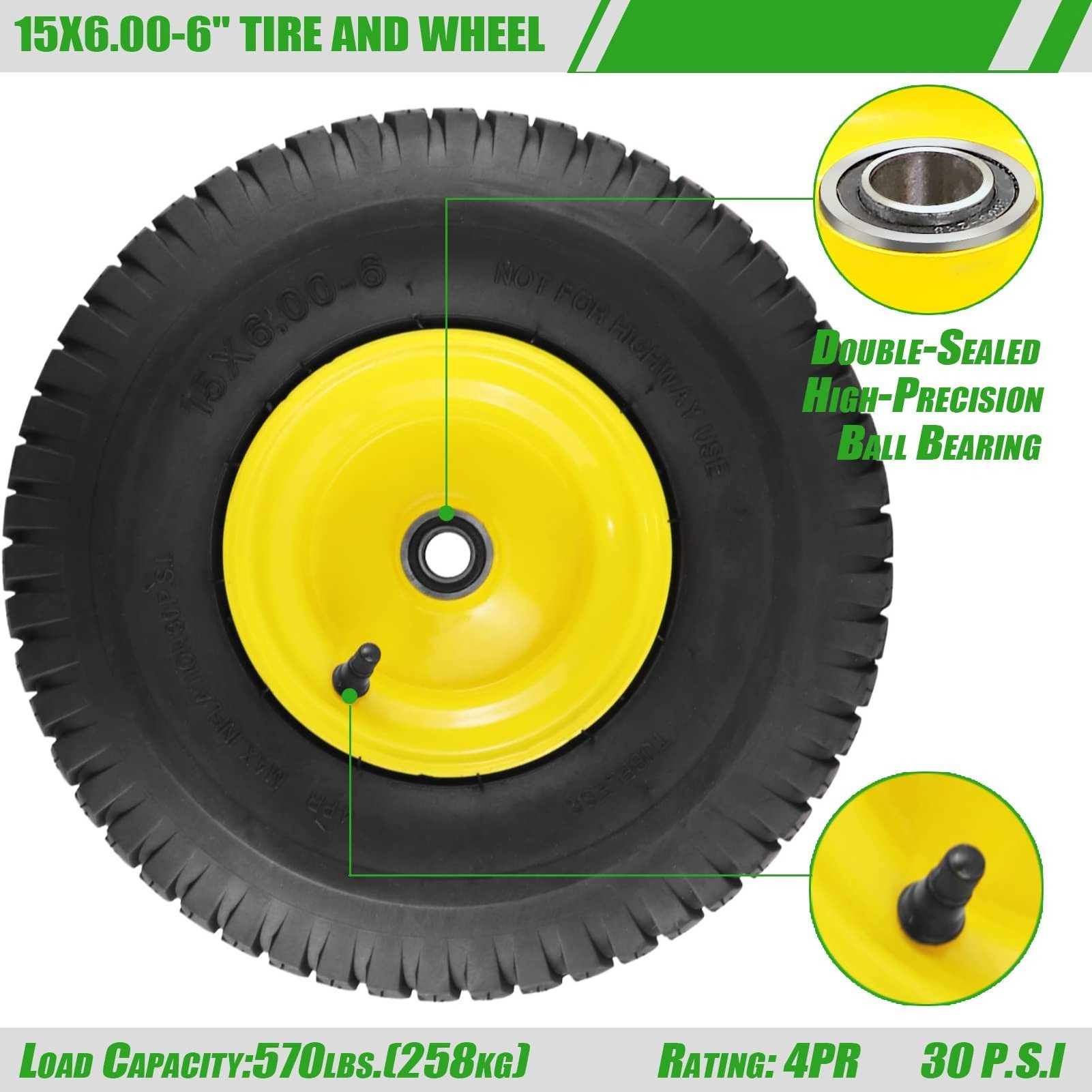 15 inch 6.00-6 polyurethane pu foam flat free solid rubber tire wheel with 12/16/20/25mm bearings all terrain