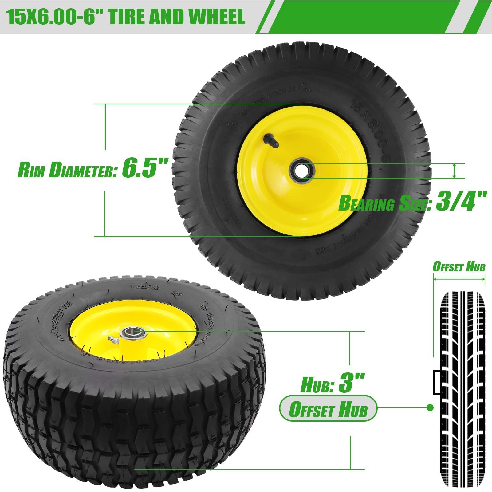 15 inch 6.00-6 polyurethane pu foam flat free solid rubber tire wheel with 12/16/20/25mm bearings all terrain