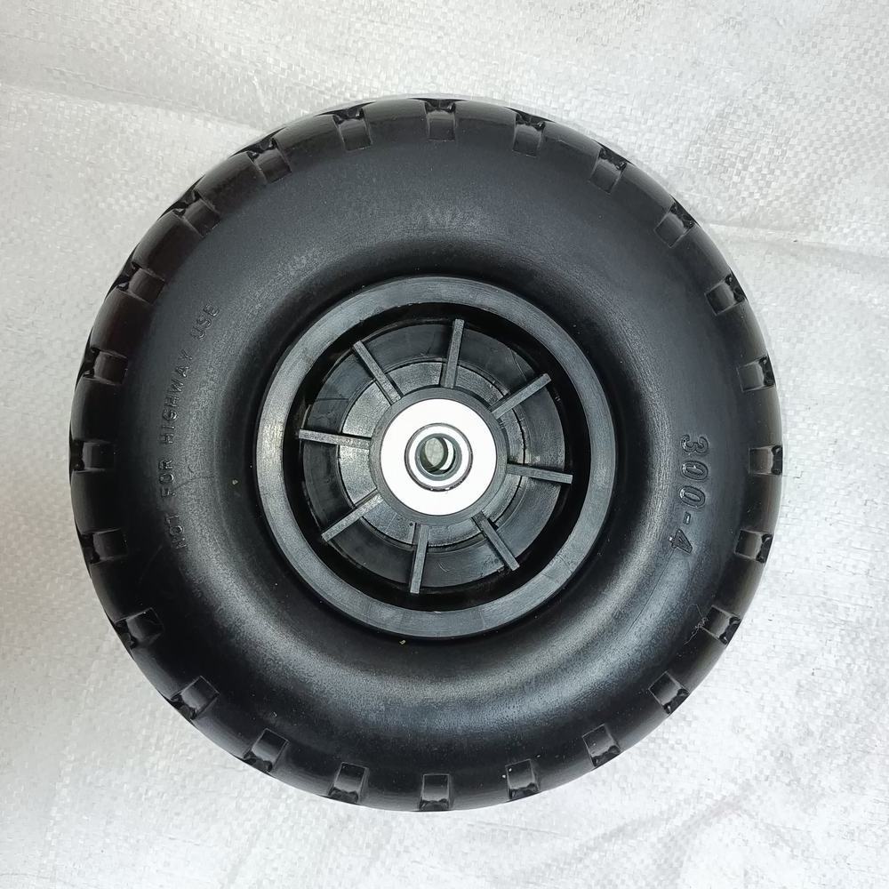 New type of 10 inch 245x85mm polyurethane pu foam flat free solid rubber tire wheel with 12/16/20mm bearings all terrain