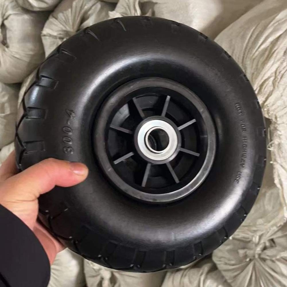 New type of 10 inch 245x85mm polyurethane pu foam flat free solid rubber tire wheel with 12/16/20mm bearings all terrain