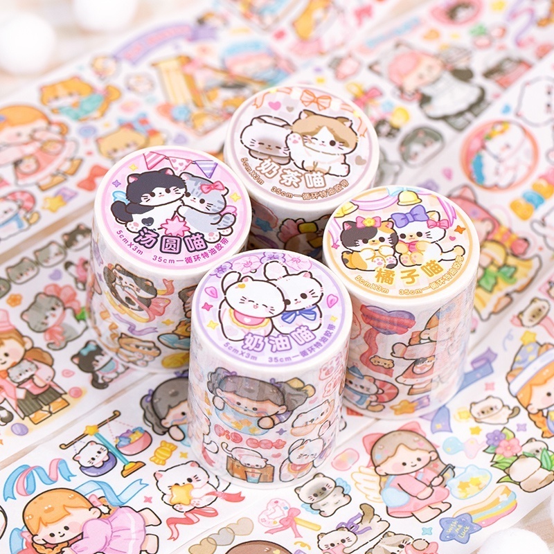 YUXIAN Special Oil Washi Paper Tape Seven Cats Paradise  Cute Cartoon Sticker Girl Scrapbooking DIY Backing Decoration Tape