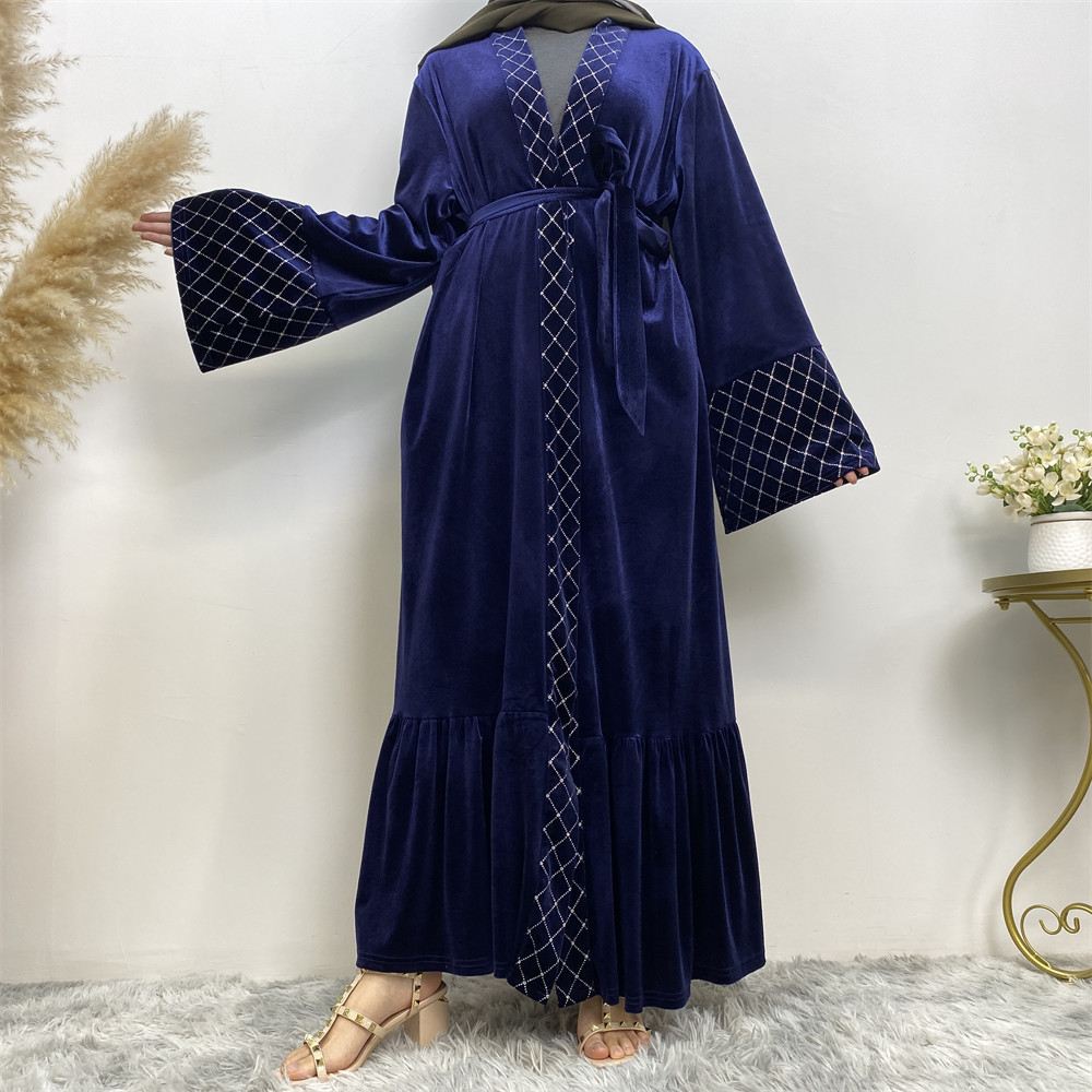 Winter Velvet Abaya Grid Pattern Border Blue Warm Women Cardigan Fashion Kimono Kaftan Abaya