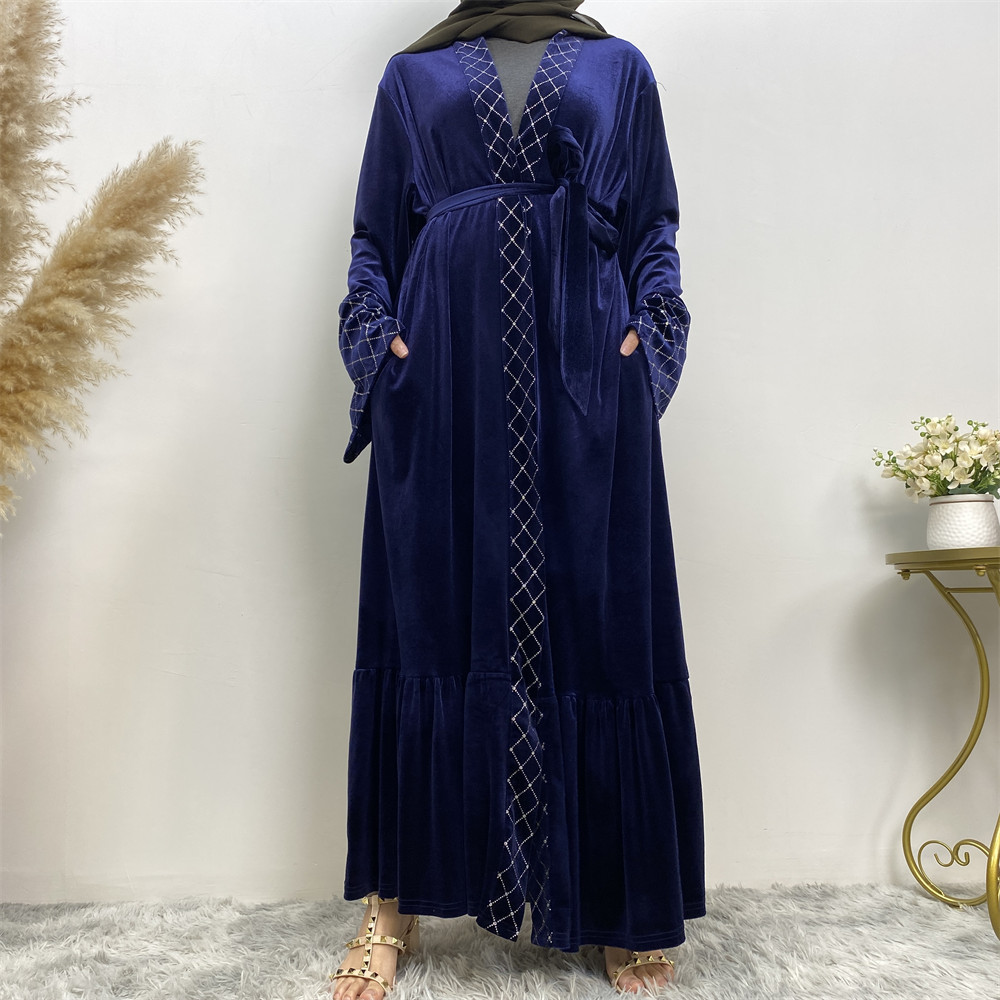 Winter Velvet Abaya Grid Pattern Border Blue Warm Women Cardigan Fashion Kimono Kaftan Abaya