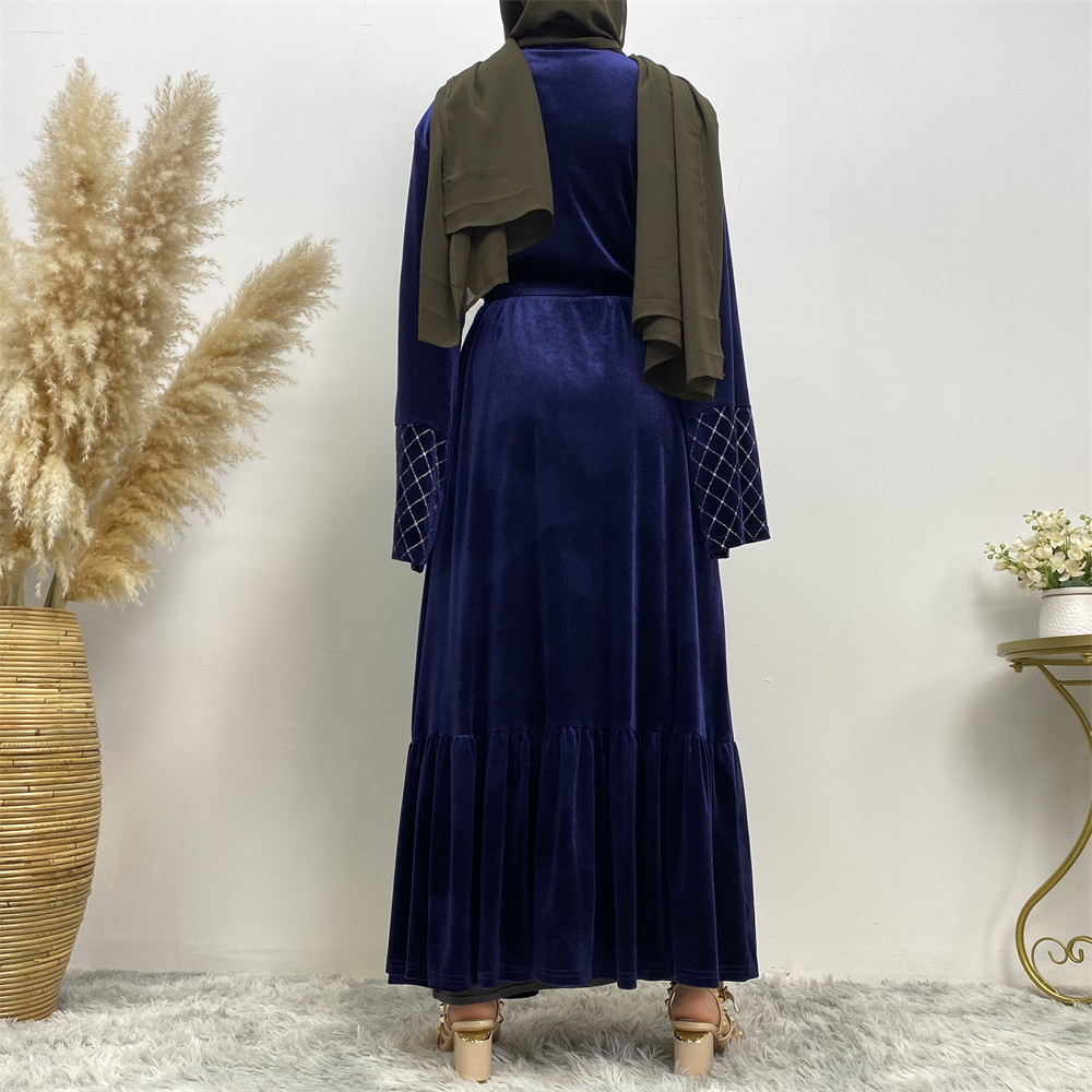 Winter Velvet Abaya Grid Pattern Border Blue Warm Women Cardigan Fashion Kimono Kaftan Abaya