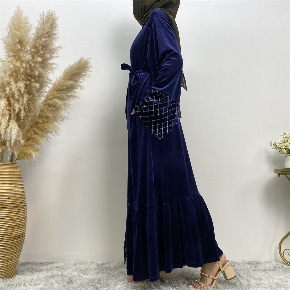 Winter Velvet Abaya Grid Pattern Border Blue Warm Women Cardigan Fashion Kimono Kaftan Abaya