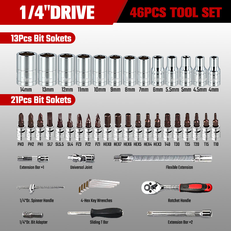 New 1/4 1/2 Inch Socket Wrench Set Professional Wrench And Tools Set 46pcs Ratchet Wrench Socket Tool Set For Garage