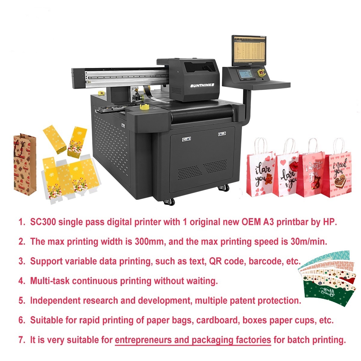 2023 New 30cm 60cm 90cm 120cm 150cm 180cm Digital Single Pass Carton Printer Inkjet Packaging Printer Kraft Paper Bag Printer