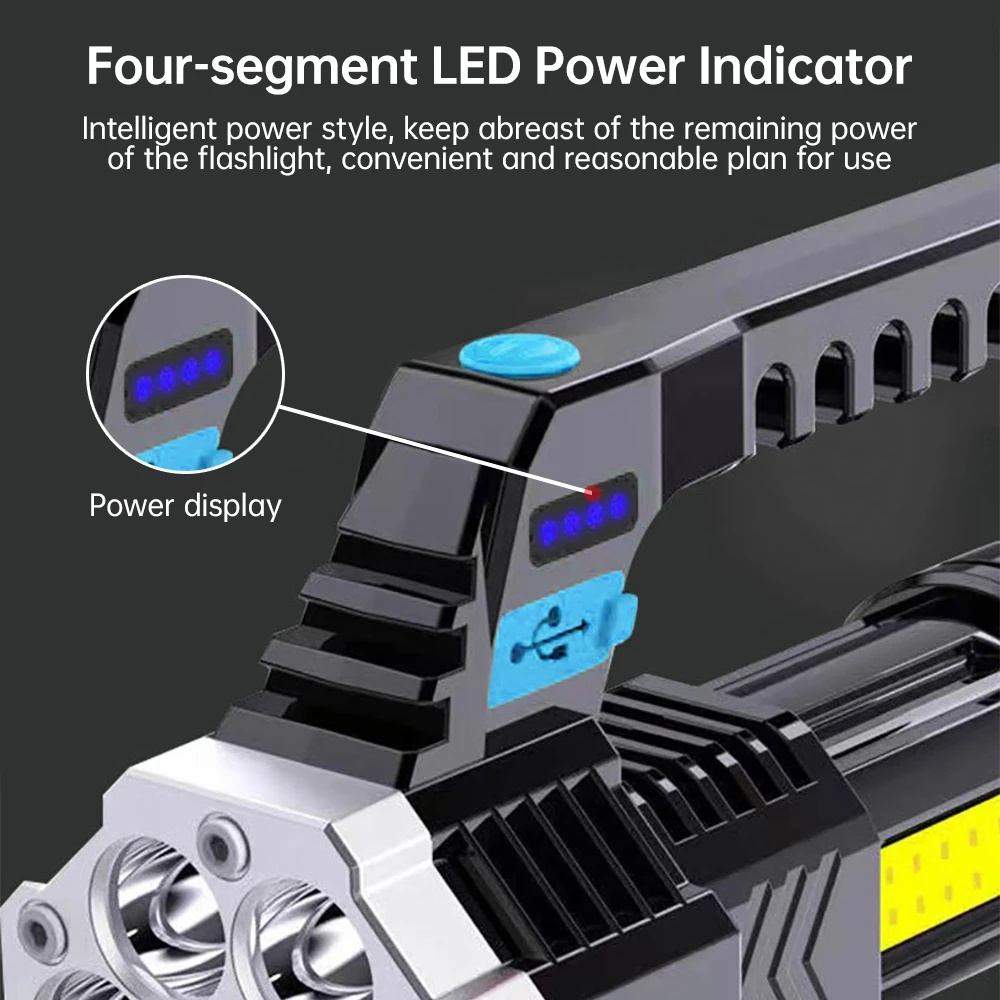 High Power LED Flashlight Powerful USB Rechargeable Torch Handheld Portable Outdoor Lamp Built-in Battery COB 7 LED Flashlights