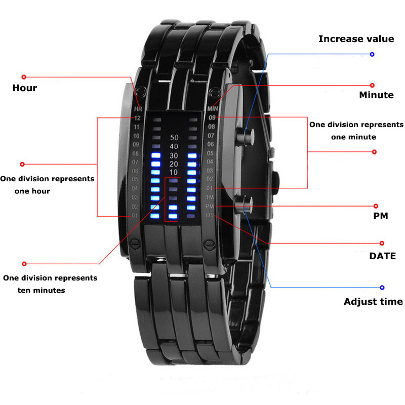 Men Women Future Technology Binary Black Stainless Steel Couple Watch Date Digital LED Bracelet Sport Watches