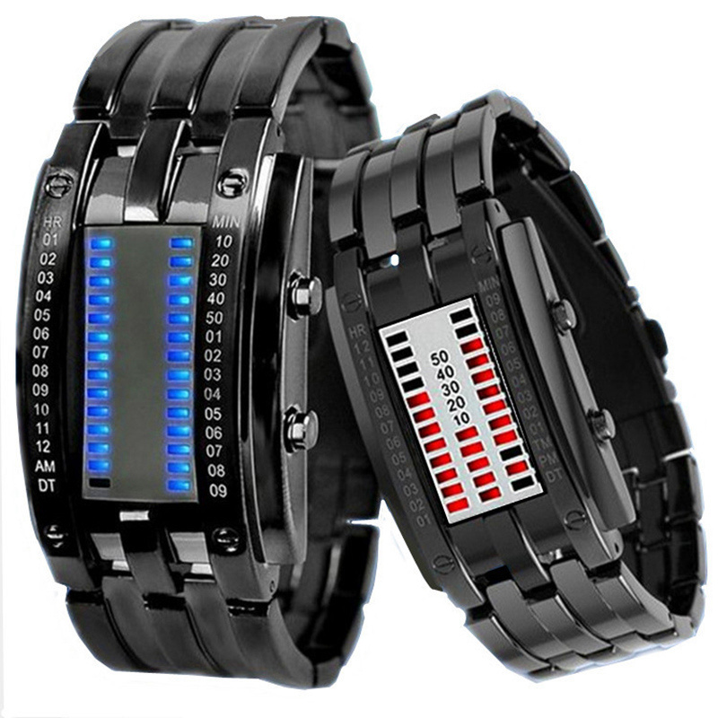 Men Women Future Technology Binary Black Stainless Steel Couple Watch Date Digital LED Bracelet Sport Watches