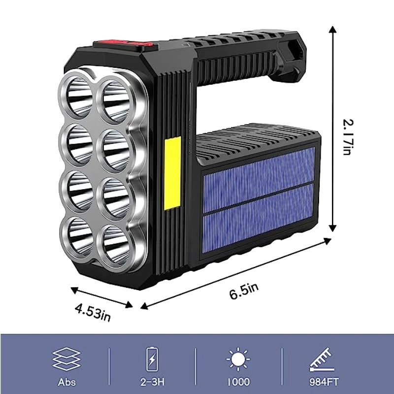 Portable Searchlight solar energy strong light long-range flashlight 8 LED Handheld Solar Flashlight with COB Sidelight 3 Modes