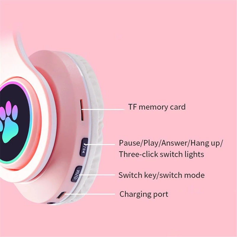 Flash Lamp Cute Cat Ears Headphone Blue tooth5.0 Stereo With Mic Support TF Card Wireless Kids Girl Earphone Birthday Gift