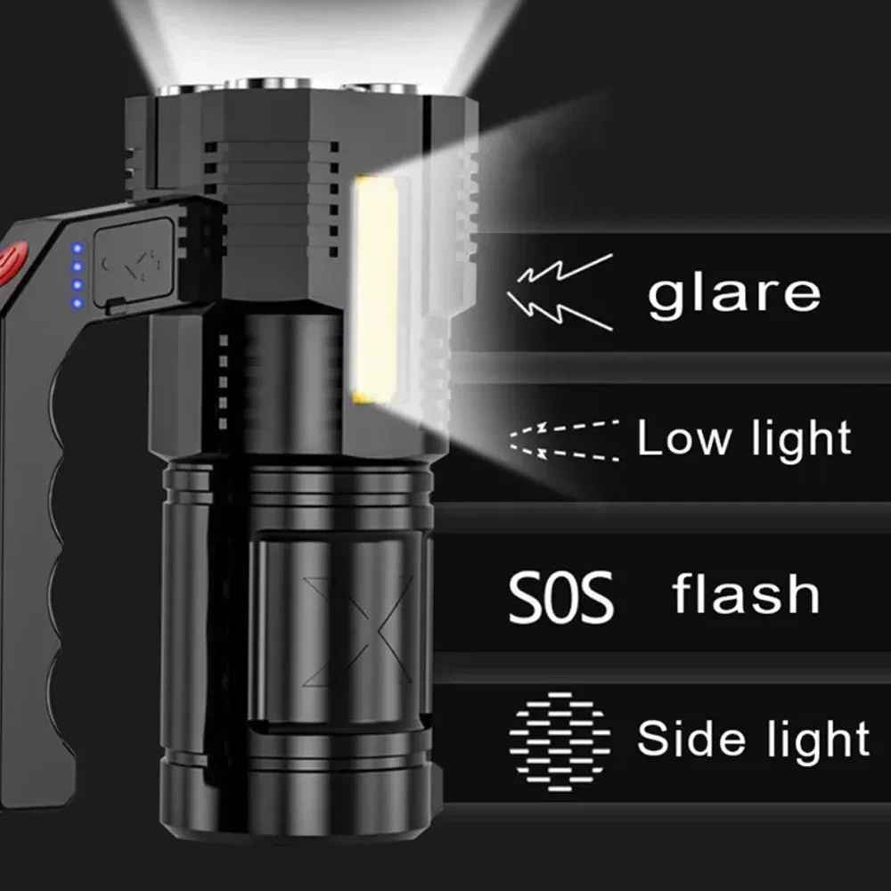 Portable 4 LED Core Strong Light Flashlight USB Rechargeable Waterproof Handheld Lantern Flashlights for Outdoor Camping