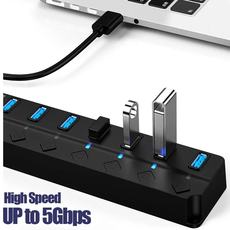 USB Hub 3.0 High Speed Multi USB Splitter Adapter 7 Port Multiple Expander Hub With Switch 120cm Long Cable For PC