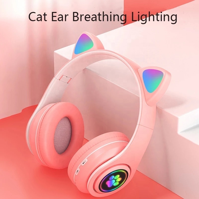 Flash Lamp Cute Cat Ears Headphone Blue tooth5.0 Stereo With Mic Support TF Card Wireless Kids Girl Earphone Birthday Gift