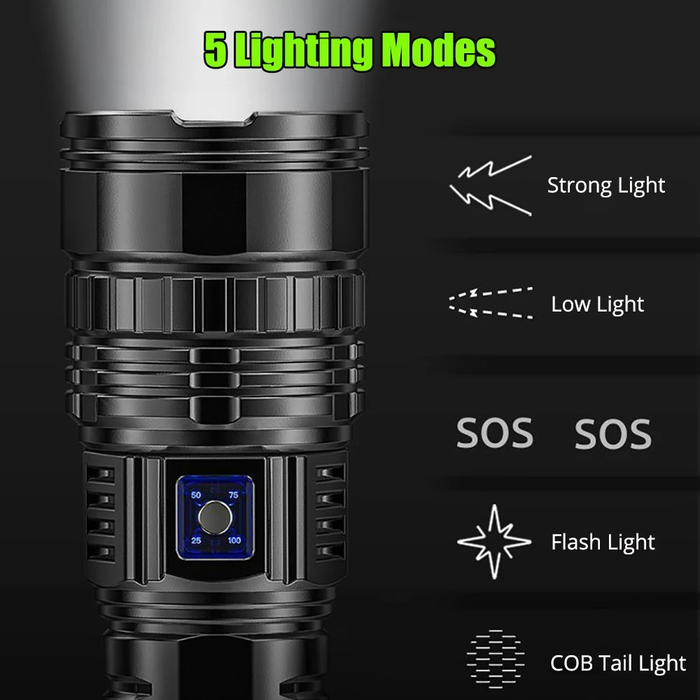 10000LM LED White Laser Built-in Battery Flash Light Emergency Spotlights 5km Most Powerful Led Flashlights Tactical 15000mah