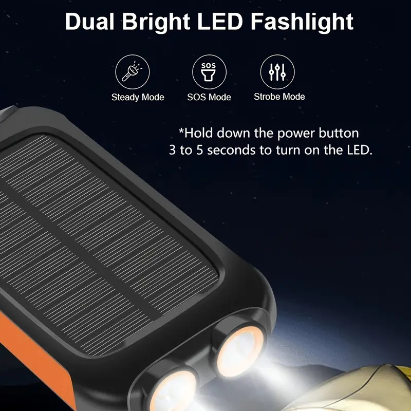 5000mAh Portable Solar Power Bank External Battery Charger Strong LED Light 2 USB Charging Port Outdoor Emergency Use