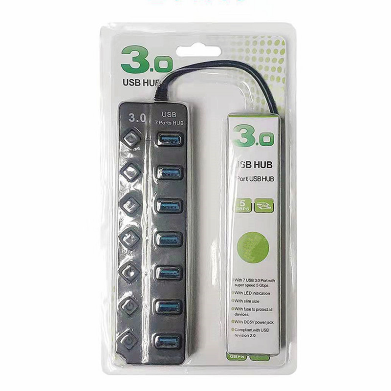 USB Hub 3.0 High Speed Multi USB Splitter Adapter 7 Port Multiple Expander Hub With Switch 120cm Long Cable For PC