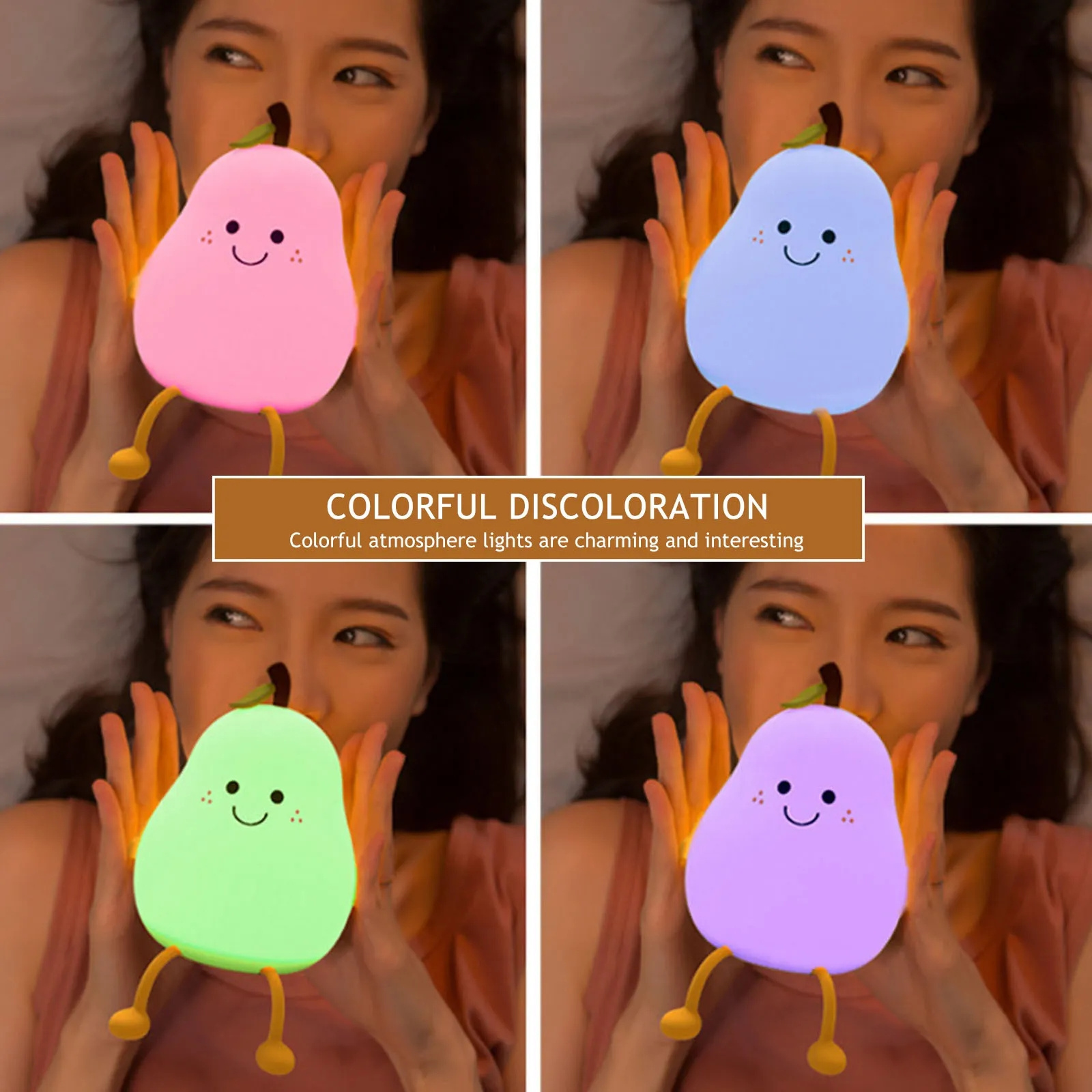 LED Pear Fruit Silicone Night Light 7 Colors Dimming Touch USB Rechargeable Cartoon Bedside Lamp Bedroom Decor Cute Kid Gift