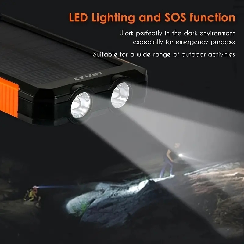 5000mAh Portable Solar Power Bank External Battery Charger Strong LED Light 2 USB Charging Port Outdoor Emergency Use