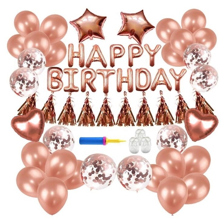 Happy Birthday Rose Gold Confetti Balloons Crown Balloon Rose Gold Birthday Party Decorations Kit