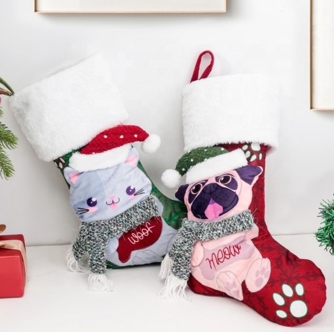 Christmas Decoration Socks Cat Dog Scarf Hanging Candy Socks Animal Christmas Stockings Holiday Gifts for Kids