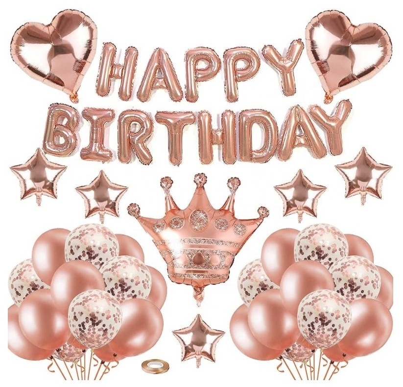 Happy Birthday Rose Gold Confetti Balloons Crown Balloon Rose Gold Birthday Party Decorations Kit