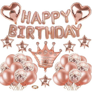 Happy Birthday Rose Gold Confetti Balloons Crown Balloon Rose Gold Birthday Party Decorations Kit