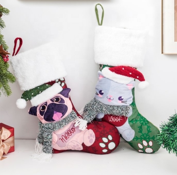 Christmas Decoration Socks Cat Dog Scarf Hanging Candy Socks Animal Christmas Stockings Holiday Gifts for Kids