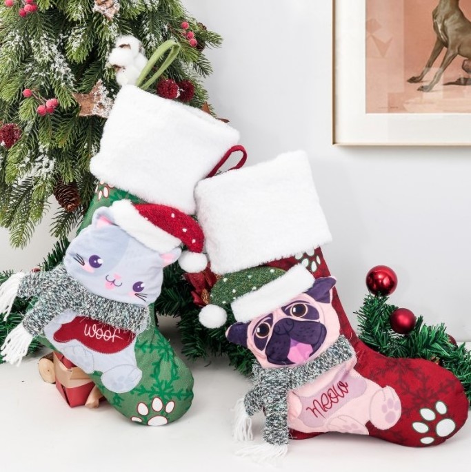 Christmas Decoration Socks Cat Dog Scarf Hanging Candy Socks Animal Christmas Stockings Holiday Gifts for Kids