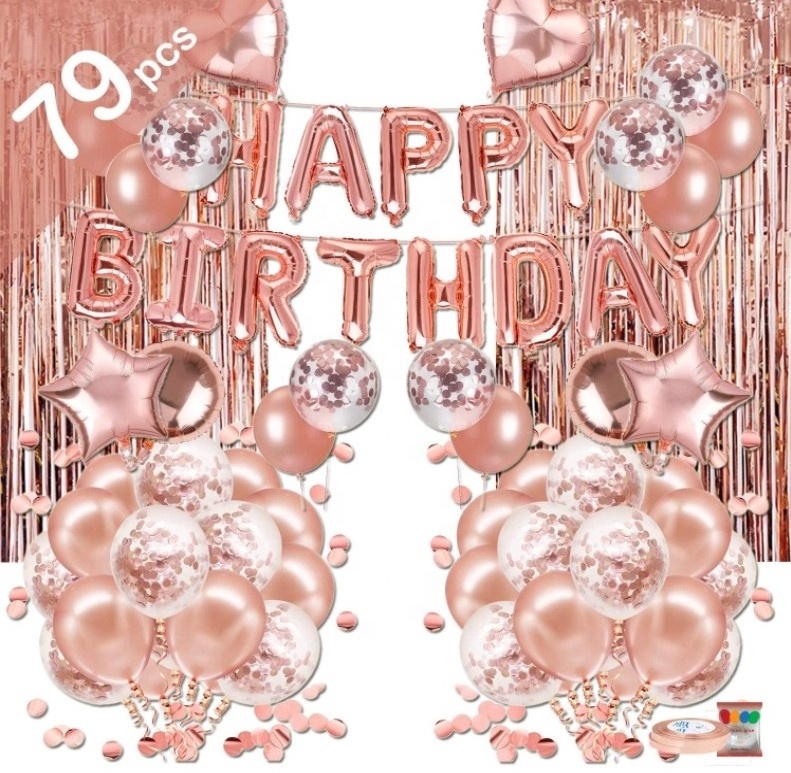 Happy Birthday Rose Gold Confetti Balloons Crown Balloon Rose Gold Birthday Party Decorations Kit