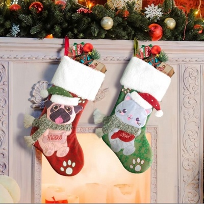 Christmas Decoration Socks Cat Dog Scarf Hanging Candy Socks Animal Christmas Stockings Holiday Gifts for Kids