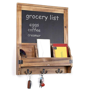 Rustic Burnt Wood Wall Mounted Entryway Mail Organizer with Chalkboard Sign & Key Hooks