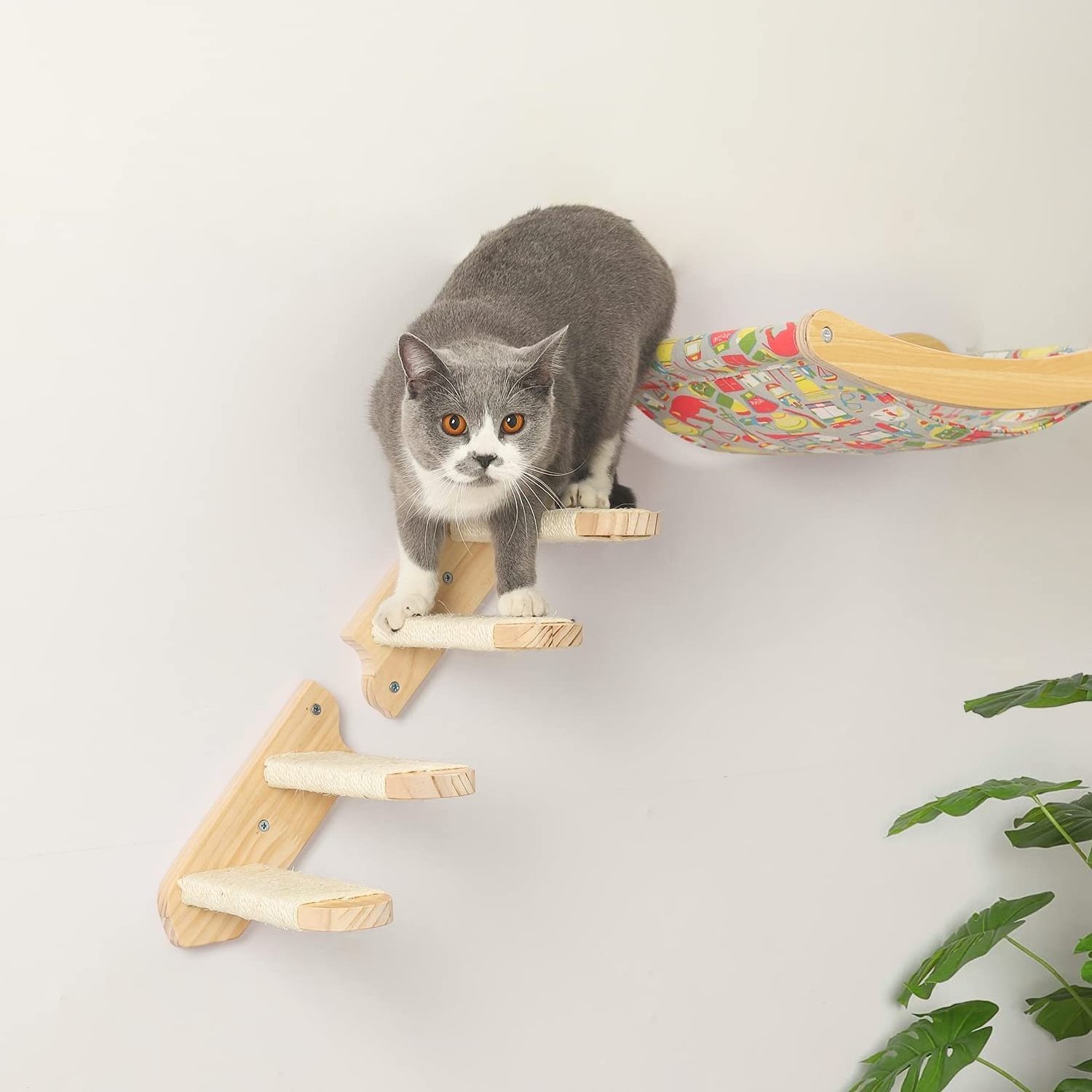 Cat Wall Steps Shelves Cat Climbing Shelf Reversible Wall Mounted Wooden Four Step Cat Stairway with Scratching Sisal Rope