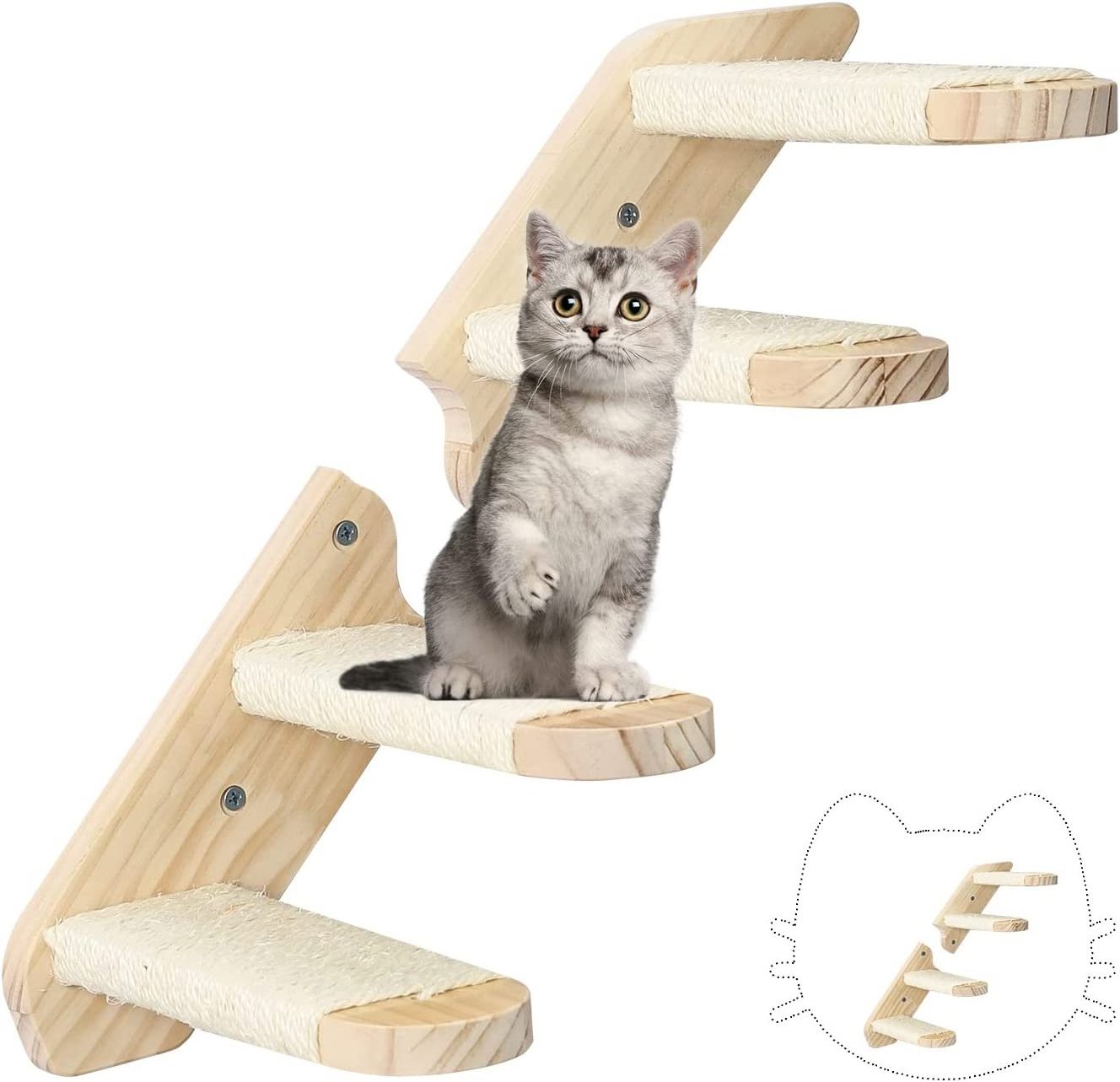 Cat Wall Steps Shelves Cat Climbing Shelf Reversible Wall Mounted Wooden Four Step Cat Stairway with Scratching Sisal Rope