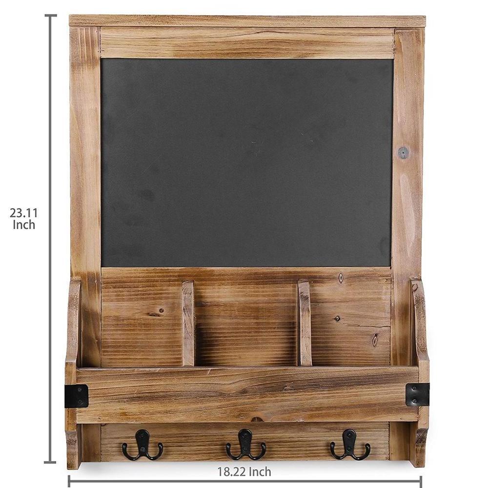 Rustic Burnt Wood Wall Mounted Entryway Mail Organizer with Chalkboard Sign & Key Hooks