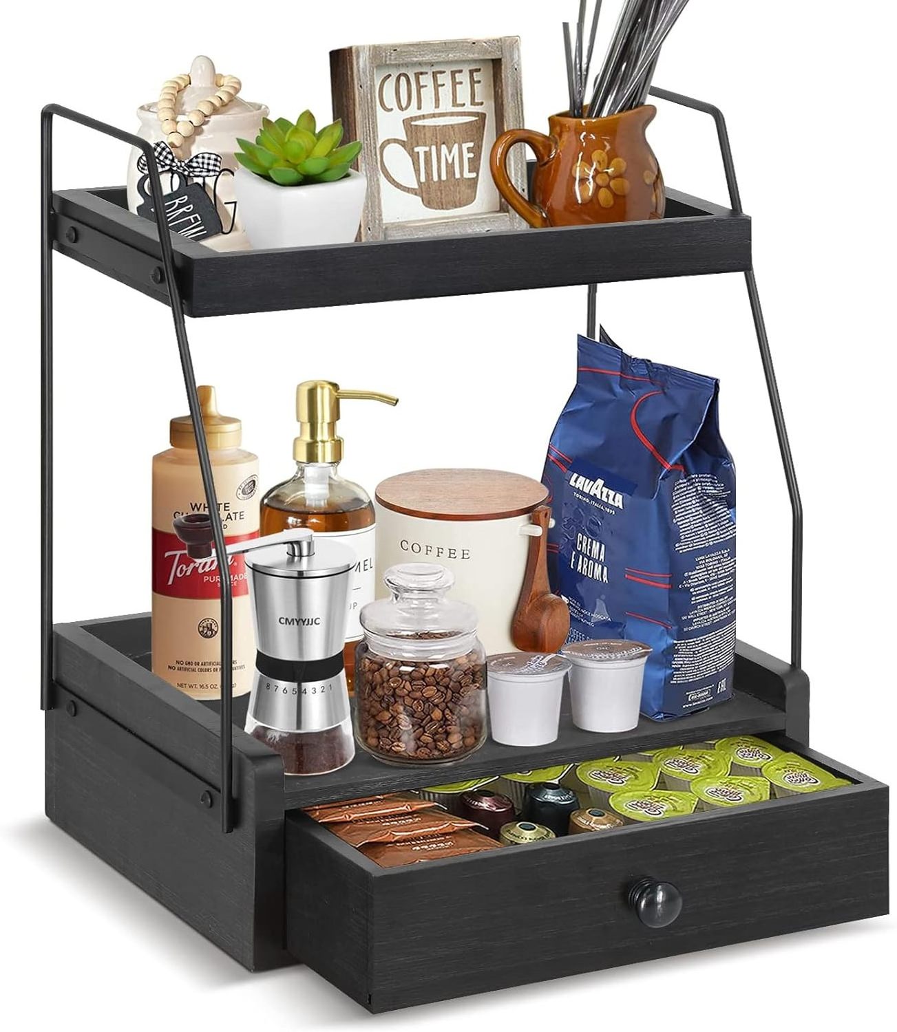 Wholesale Rustic 2 Tier Coffee Bar Accessories Organizer Countertop Coffee Station Organizer with Drawer