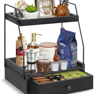 Wholesale Rustic 2 Tier Coffee Bar Accessories Organizer Countertop Coffee Station Organizer with Drawer