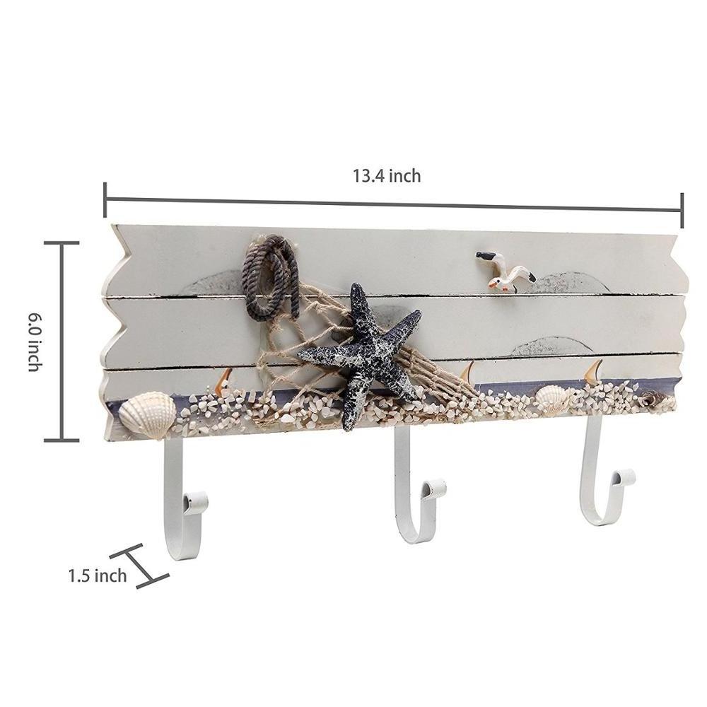 Oceanic Coastal White Sandy Beach Style Starfish Seagull & Seashells Wall Mounted Wood Coat Rack Hooks