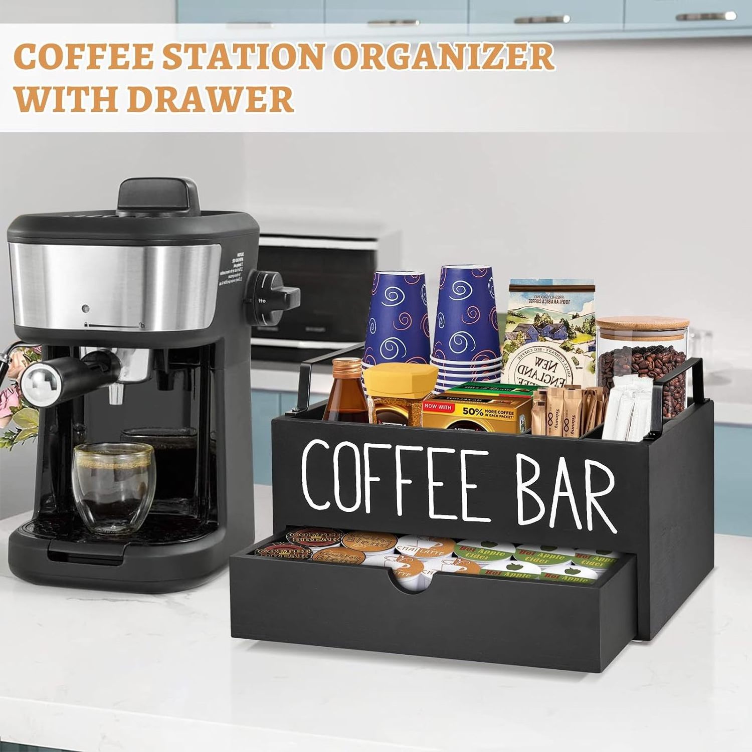 Coffee Station Organizer Wooden Coffee Bar Accessories Organizer for Counter Farmhouse Kcup Coffee Pod Holder Storage Box