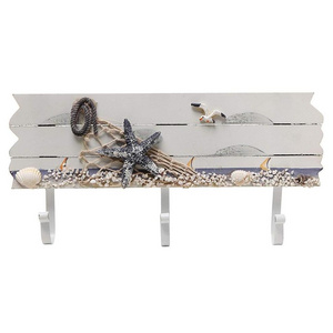 Oceanic Coastal White Sandy Beach Style Starfish Seagull & Seashells Wall Mounted Wood Coat Rack Hooks