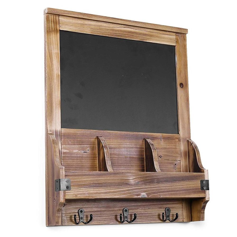 Rustic Burnt Wood Wall Mounted Entryway Mail Organizer with Chalkboard Sign & Key Hooks