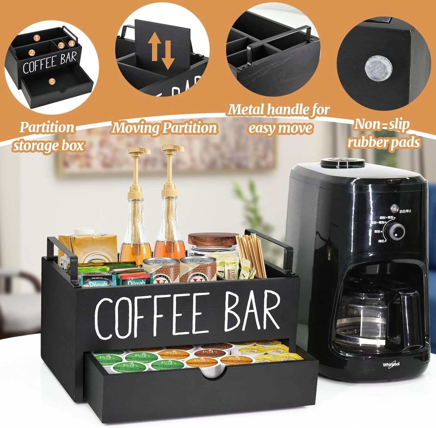 Coffee Station Organizer Wooden Coffee Bar Accessories Organizer for Counter Farmhouse Kcup Coffee Pod Holder Storage Box