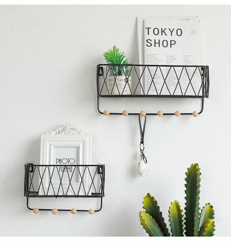 Wire Metal Unit Wall Mounted Shelf With Hooks Basket Key Hanging Hanger UK