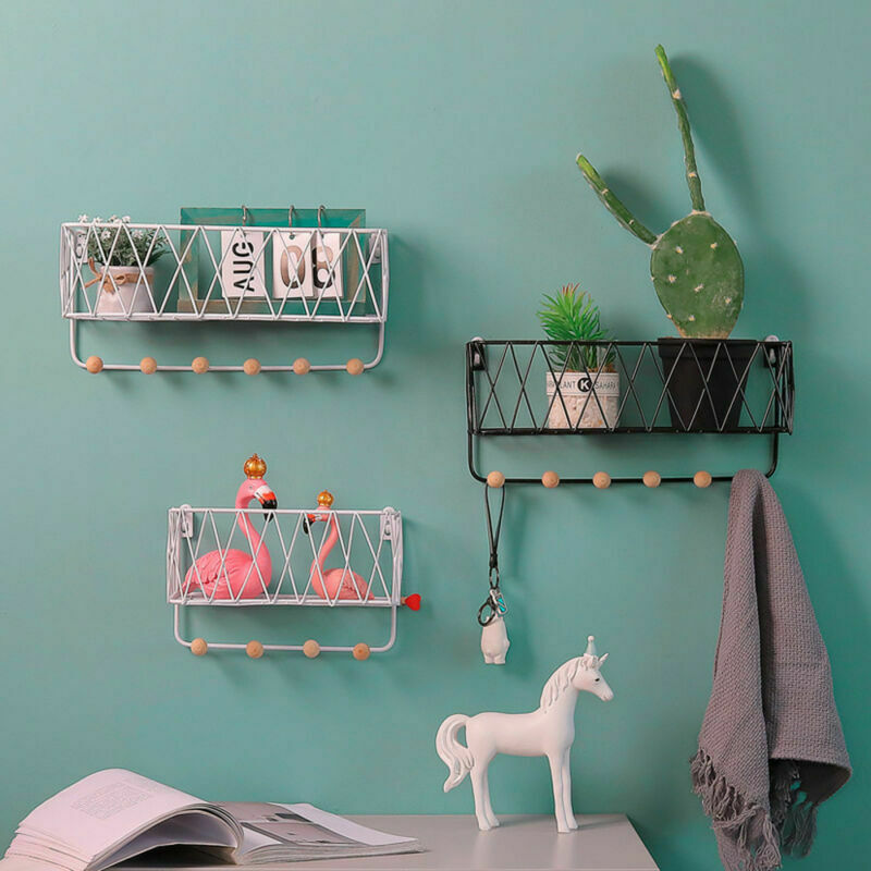 Wire Metal Unit Wall Mounted Shelf With Hooks Basket Key Hanging Hanger UK