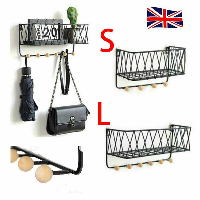 Wire Metal Unit Wall Mounted Shelf With Hooks Basket Key Hanging Hanger UK