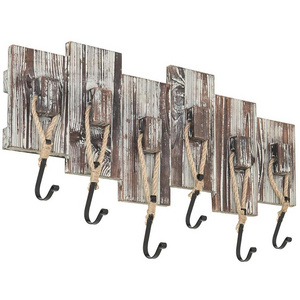 Rustic Wall Mounted Torched Wood Coat Rack with 6 Rope Hooks